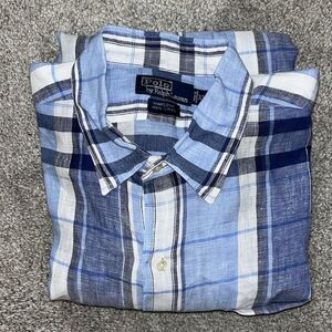 Light Blue 100% Linen Polo by Ralph Lauren LS Marlow Summer Style Shirt XXL spot
